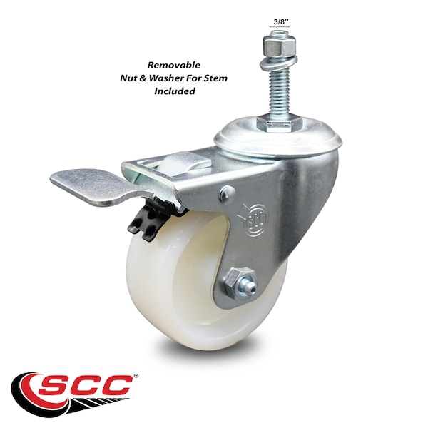 3 Inch Nylon Wheel Swivel 3/8 Inch Threaded Stem Caster Total Lock Brake SCC